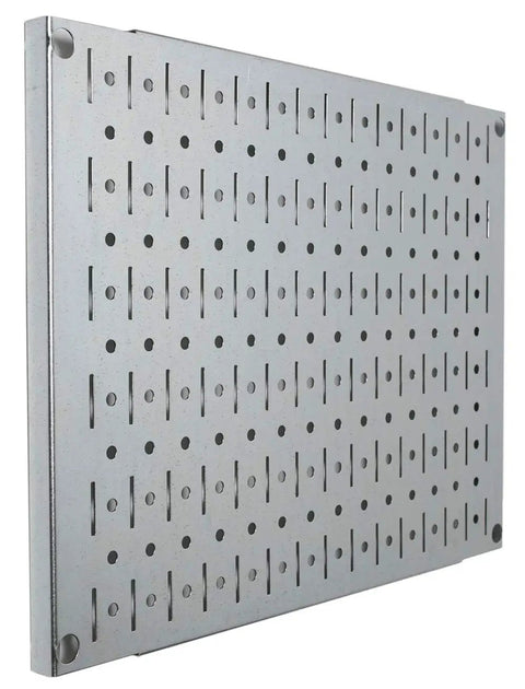 Side view of galvanized steel panel from Modular Pegboard Wall Organizer Tiles Set DIY Friendly Four 12 Inch Tall By 16 Inch Wide Steel Peg Board Panels Galvanized Metal Storage Tiles Easy To Install Expandable Wall System That Accepts Round Pegs And Slotted Pegs