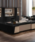 Modern Executive Computer Desk With Built In Storage Cabinet, Grind Ready Home Office Workstation, Boss Approved Writing Table in black finish.