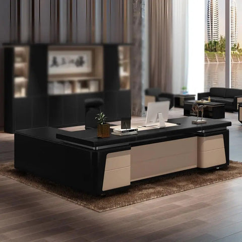 Modern Executive Computer Desk With Built In Storage Cabinet, Grind Ready Home Office Workstation, Boss Approved Writing Table in black finish.