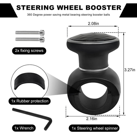 Steering wheel knob spinner, black with metal bearing; includes 2x fixing screws and 1x wrench