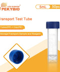 PEKYBIO 5ml sterile plastic graduated transport test tube with blue screw cap, self-standing, case of 50