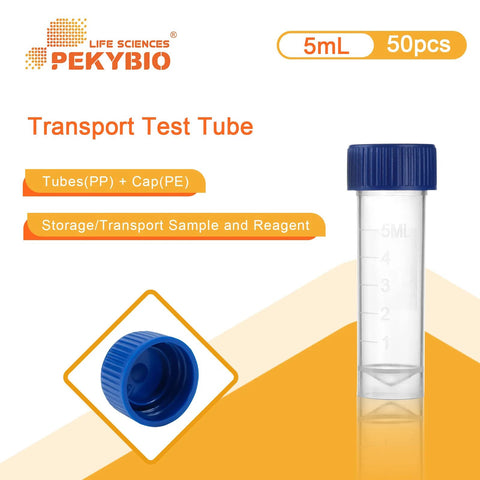 PEKYBIO 5ml sterile plastic graduated transport test tube with blue screw cap, self-standing, case of 50