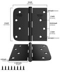 Pro Grade Matte Black Interior And Exterior Door Hinges 4 inch square with detailed measurements and screws laid out.
