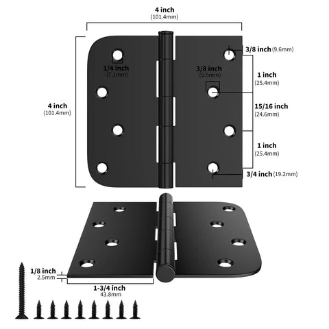 Pro Grade Matte Black Interior And Exterior Door Hinges 4 inch square with detailed measurements and screws laid out.