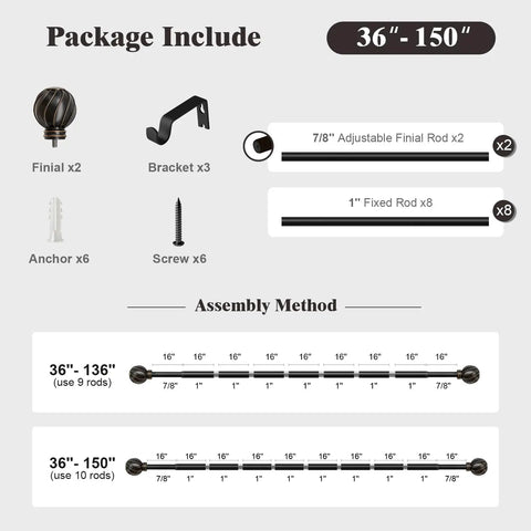 Package contents for Black Curtain Rods For Windows 36 To 150 Inches with finials, brackets, rods, anchors, and screws.