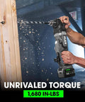 Pro Grade 24V Brushless Cordless Right Angle Drill Thumping Out 1680 In Lbs Torque drilling into wood with a sleek design.