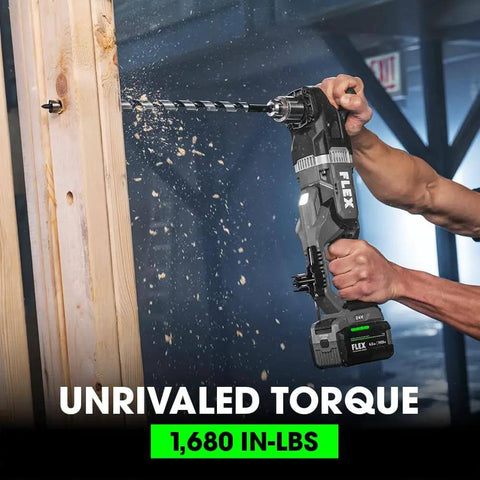 Pro Grade 24V Brushless Cordless Right Angle Drill Thumping Out 1680 In Lbs Torque drilling into wood with a sleek design.