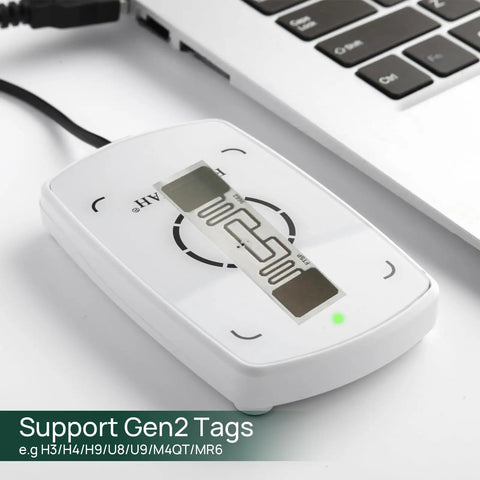 UHF RFID Reader And Writer With Up To 50 Cm Read Range And Keyboard Emulation For Plug And Play Data Entry On Windows Or Linux ISO 18000 6C EPC Gen 2 Compliant shown with laptop