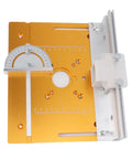 Front view of orange aluminum router table insert plate with protractor dial and sliding fence.