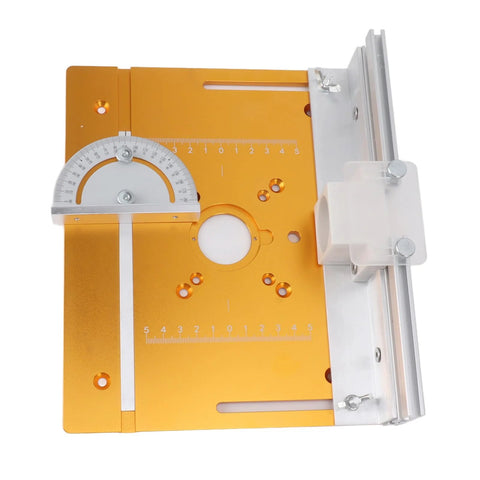 Front view of orange aluminum router table insert plate with protractor dial and sliding fence.