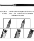 Premium Wood Lathe Turning Set Featuring Rust Proof Carbide Insert Blades And Heavy Duty Aluminum Handles For Smooth Woodworking Projects and Rock Solid Precision, showing carbide insert tips and aluminum handle.