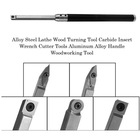 Premium Wood Lathe Turning Set Featuring Rust Proof Carbide Insert Blades And Heavy Duty Aluminum Handles For Smooth Woodworking Projects and Rock Solid Precision, showing carbide insert tips and aluminum handle.