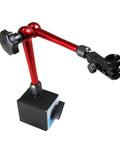 HFS adjustable indicator holder, side view with magnetic base and red aluminum arms, 14in tool stand