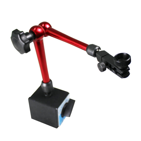 HFS adjustable indicator holder, side view with magnetic base and red aluminum arms, 14in tool stand