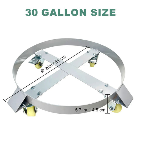 Built Like A Tank 30 Gallon Drum Dolly With 400 Pound Capacity And Rock Solid Anti Tip Frame featuring 20 inch steel base and swivel casters.
