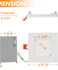 Diagram showing dimensions of Six Pack 4 Inch Ultra Thin LED Recessed Ceiling Light With Junction Box 5 Color Temperature Selectable 10W.