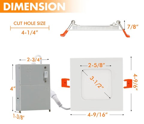 Diagram showing dimensions of Six Pack 4 Inch Ultra Thin LED Recessed Ceiling Light With Junction Box 5 Color Temperature Selectable 10W.