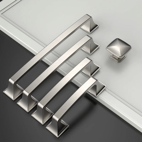 10 Pack Brushed Satin Nickel 3.75 Inch Hole Centers 96mm Cabinet Pulls for Kitchen Cabinets and Drawers displayed on surface