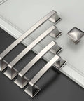 Brushed Satin Nickel 5 Inch Cabinet Pulls, 10 Pack with 128mm Hole Centers on a white panel