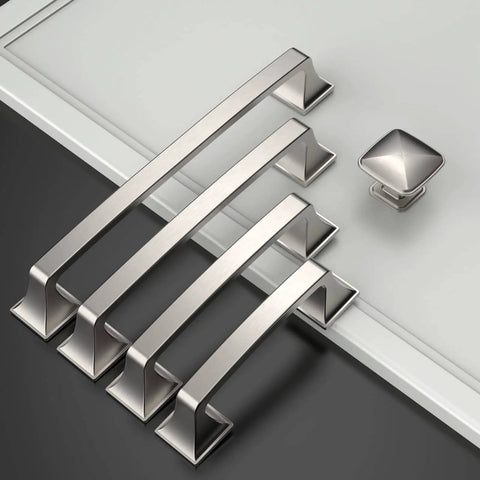 Brushed Satin Nickel 5 Inch Cabinet Pulls, 10 Pack with 128mm Hole Centers on a white panel
