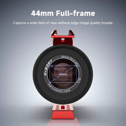 54mm Petzval APO Refractor Telescope front view showing 44mm full-frame lens with precision focus for astrophotography.