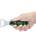 Hand holding a screwdriver style bottle opener with durable acetate handle built for workspaces, garages, and toolboxes, green color