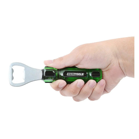 Hand holding a screwdriver style bottle opener with durable acetate handle built for workspaces, garages, and toolboxes, green color