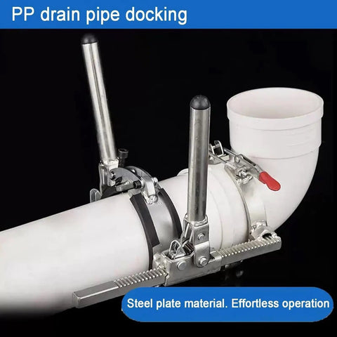 Heavy Duty Ratchet Pipe Puller With Anti Jam Clamp for sewer drainage and construction, PVC alignment tool in use on PP pipe.