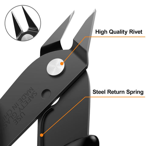 BOENFU 5-inch black wire cutter/flush-cut nippers for jewelry and electronics, close-up of jaw and rivet