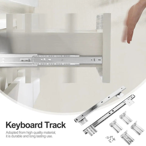 14 Inch Keyboard Drawer Slide Rails with ball bearings and soft close, shown in use under a desk, office furniture accessory.