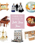 Collage of dollhouse items including figures, miniature piano, chandelier, kitchen set, building, basket, and sign.