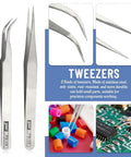 Close-up of stainless steel tweezers for 13 Piece Model Tools Kit For Hobbyists Beginner Friendly DIY Set For Cars Planes Buildings Robots