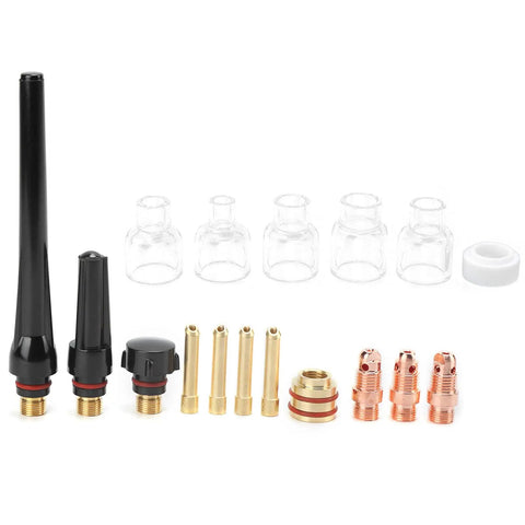 Upgrade Your Argon TIG Welding Game With This Premium WP 17 18 26 Torch Accessories Kit. Features glass cups, brass nozzles, and clamps.