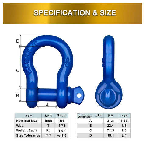 Three Quarter Bow Shackle Set Heavy Duty Forged Steel Off Road Shackles Blue Powder Coated 28.5 Ton Max Break Strength 57,000 Lbs Pack of 2