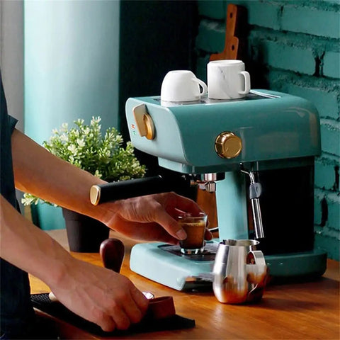 Electric Coffee Maker With Auto Milk Frother For Smooth Cappuccino Sips on wooden counter with espresso shot and frothing pitcher.