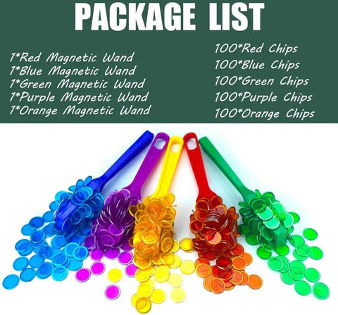 Package includes Magnetic Wands And Bingo Chips STEM Kit with 5 colored wands and 500 counting chips displayed