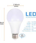A19 LED Light Bulbs 6500K Cool White, 12.3W, 1710 Lumens, 100W Equivalent, E26 Medium Screw Base, Non Dimmable, No Flicker, size illustration.