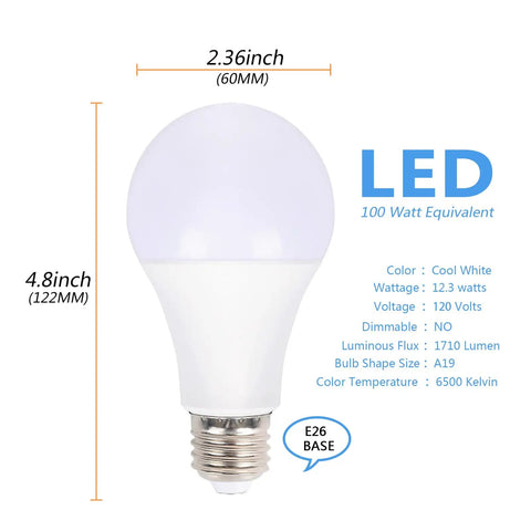 A19 LED Light Bulbs 6500K Cool White, 12.3W, 1710 Lumens, 100W Equivalent, E26 Medium Screw Base, Non Dimmable, No Flicker, size illustration.