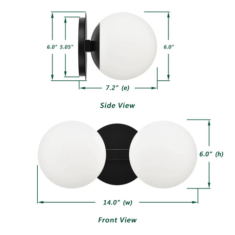 Dope Matte Black Two Light Globe Vanity Wall Sconce, Modern Mid Century Style Bathroom Light Fixture With Opal Glass Shades