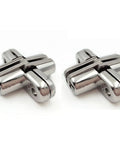 Hidden Cross Hinge For Furniture 180 Degree Concealed Stainless Steel Two Pack With Screws for Folding Doors, front view.