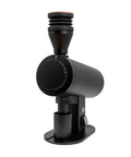 Killer Variable Speed Single Dose Coffee Grinder Equipped With 83mm Red Titanium Flat Burrs And A Rock Stable Burr Carrier That Crushes Beans Smoothly For Legit Espresso Pulls In Glossy Black angled view showing the grind control ring.