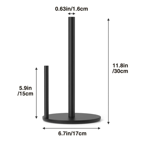 Dimensions of Matte Black Stainless Steel Paper Towel Holder With Weighted Base, Topnotch Durable Kitchen Roll Dispenser.