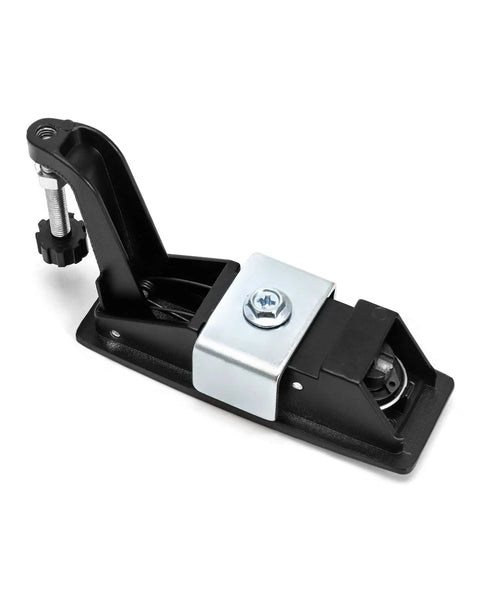 Front view of QWORK large hand-operated compression latch, black housing with silver mounting bracket for marine use