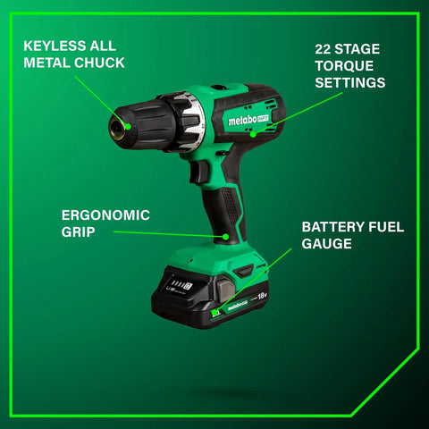 18V MultiVolt Cordless Hammer Drill with keyless metal chuck, ergonomic grip, and battery fuel gauge, side view.