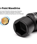 Close-up of a 6-point WaveDrive universal 15mm impact socket for three eighths inch drive, showcasing its tight grip design.