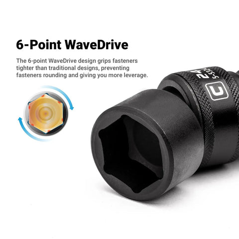 Close-up of a 6-point WaveDrive universal 15mm impact socket for three eighths inch drive, showcasing its tight grip design.