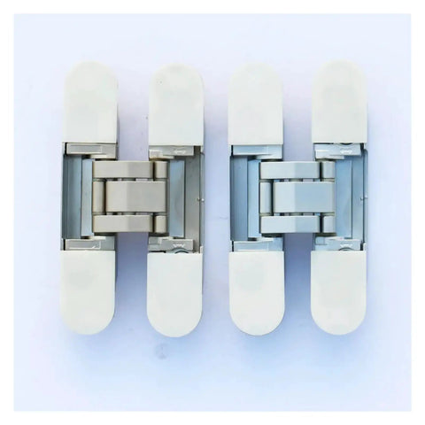 Concealed Cabinet Door Hinge Set For Cupboards, Dope Soft-Close Hardware, hidden furniture hardware with white caps, front view