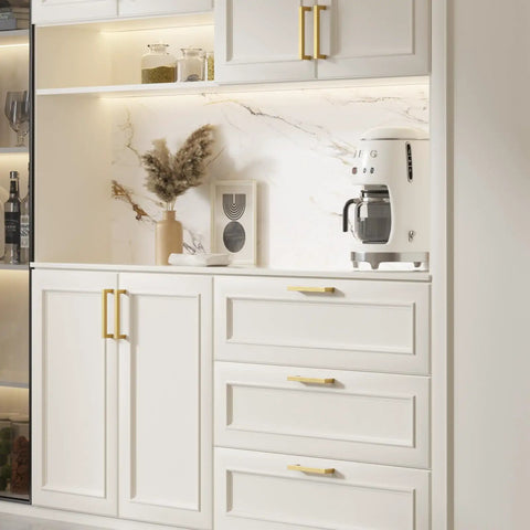 30 Pack 12 Inch Premium Stainless Steel Cabinet Handles And Drawer Pulls Slick Brushed Gold Finish Kitchen And Bathroom on white cabinets.