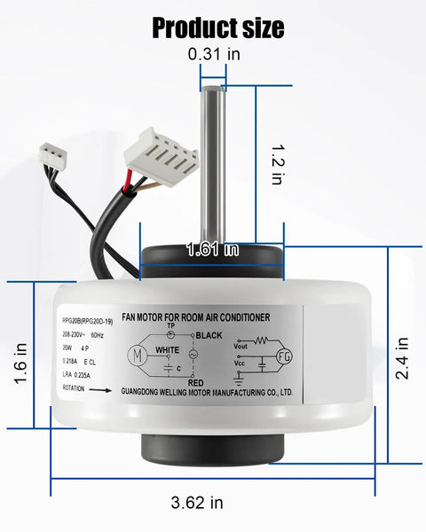 Beefed-Up Brushless DC Condenser Fan Motor For Midea Air Conditioners with size dimensions and wiring connectors shown