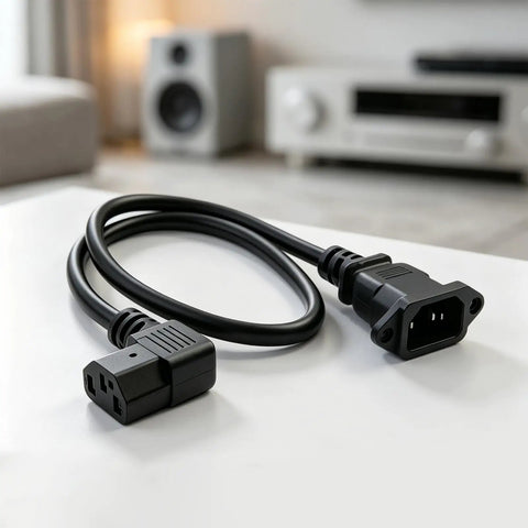 IEC C14 To C13 Power Extension Cable, Right Angle C90 Design, 60 Cm Panel Mount Cord, Solid Copper Core, Smooth Rig Routing